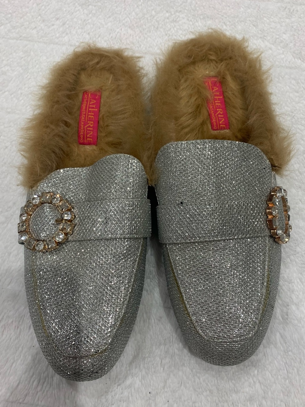 Catherine Malandrino Silver Faux-Fur Backless Loafer Mules
